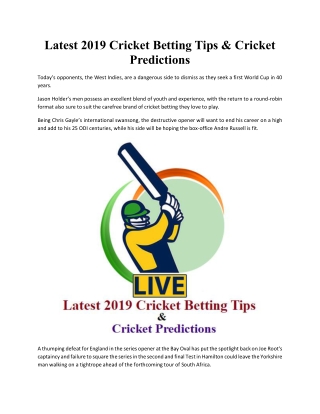 Latest 2019 Cricket Betting Tips & Cricket Predictions