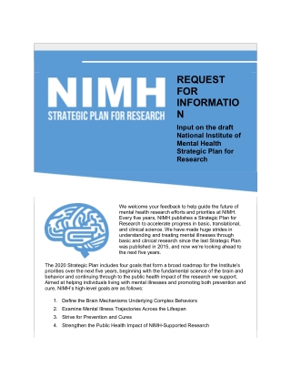 Request for Information (RFI) on the 2020 National Institute of Mental Health (NIMH) Strategic Plan for Research