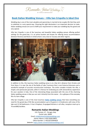 Book Italian Wedding Venues – Villa San Crispolto Is Ideal One