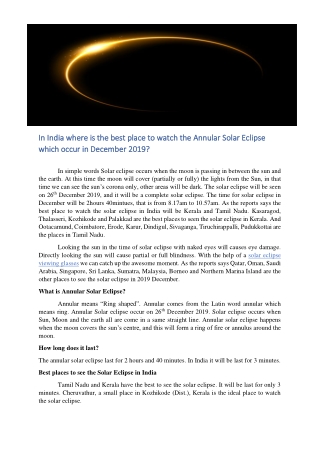 In India where is the best place to watch the Annular Solar Eclipse which occur in December 2019?