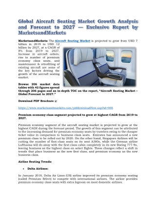 Global Aircraft Seating Market Growth Analysis and Forecast to 2027 — Exclusive Report by MarketsandMarkets