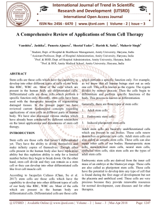 A Comprehensive Review of Applications of Stem Cell Therapy
