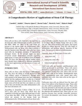 A Comprehensive Review of Applications of Stem Cell Therapy