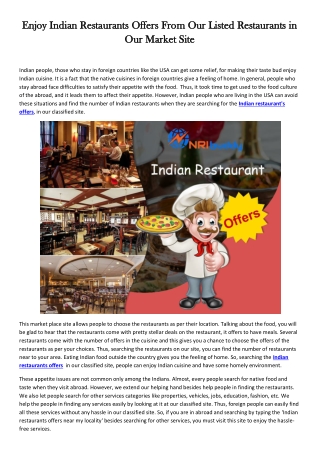 Enjoy Indian Restaurants Offers From Our Listed Restaurants in Our Market Site