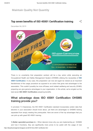 BEST seven benefits of ISO 45001 Certification training