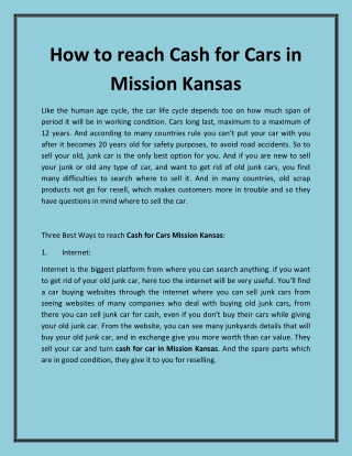 How to reach Cash for Cars in Mission Kansas