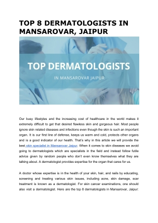 TOP 8 DERMATOLOGISTS IN MANSAROVAR, JAIPUR