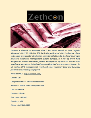 Zethcon Named to Food Logistics’ 2015 Top Software and Tech Providers