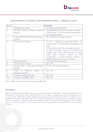 Personal Loan Terms and Conditions | RBL Bank