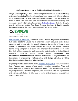 CoEvolve Group - How to find Best Builders in Bangalore