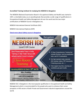 Accredited Training Institute for studying the NEBOSH in Bangalore