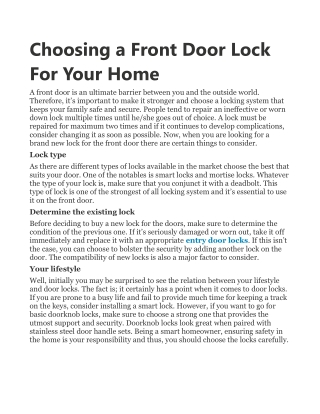 Choosing a Front Door Lock For Your Home