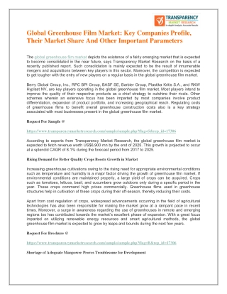 Global Greenhouse Film Market: Key Companies Profile, Their Market Share And Other Important Parameters