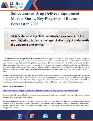 Subcutaneous Drug Delivery Equipment Market Status, Key Players and Revenue Forecast to 2028