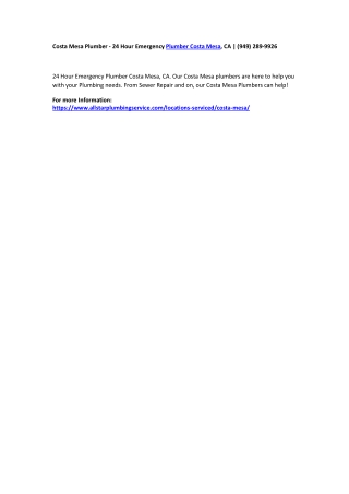 Costa Mesa Plumber - 24 Hour Emergency Plumber Costa Mesa, CA | (949) 289-9926