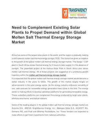 Global Molten Salt Thermal Energy Storage Market :Acconia S.A., AREVA, BrightSource Energy, Inc., Abengoa Solar S.A., SC