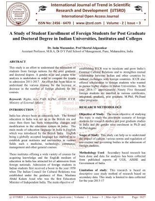 A Study of Student Enrollment of Foreign Students for Post Graduate and Doctoral Degree in Indian Universities, Institut