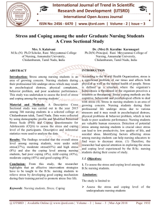 Stress and Coping among the under Graduate Nursing Students A Cross Sectional Study