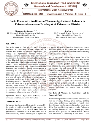 Socio Economic Conditions of Women Agricultural Labours in Thirukandeeswaram Panchayat of Thiruvarur District