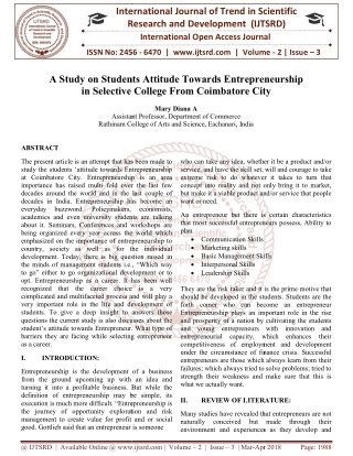 A Study on Students Attitude Towards Entrepreneurship in Selective College From Coimbatore City