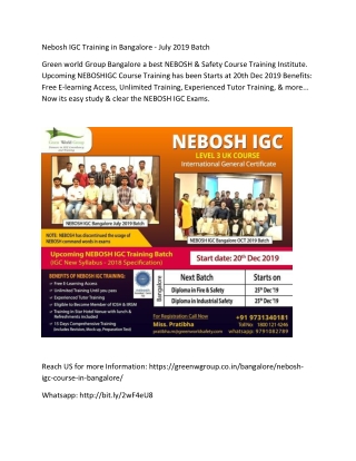 Nebosh IGC Course Training in Bangalore - July 2019 Batch