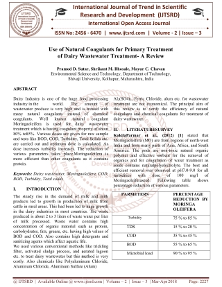 Use of Natural Coagulants for Primary Treatment of Dairy Wastewater Treatment A Review