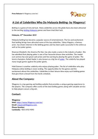 A list of Celebrities who do Malaysia Betting- by 90agency!