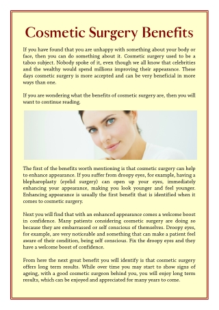 Cosmetic Surgery Benefits