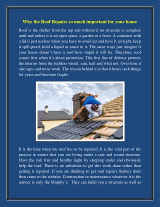 Why the Roof Repairs so much important for your house