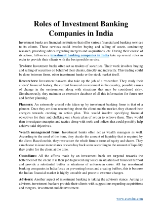 Roles of Investment Banking Companies in India