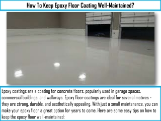 How To Keep Epoxy Floor Coating Well-Maintained?