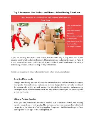 Top 5 Reasons to Hire Packers and Movers When Moving from Pune