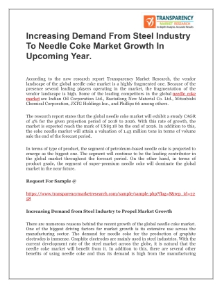 Increasing Demand from Steel Industry to needle coke Market Growth in upcoming year