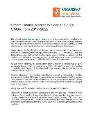 Smart Fabrics Market to Soar at 19.6% CAGR from 2017-2022