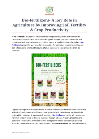 Bio-fertilizers- A Key Role in Agriculture by Improving Soil Fertility & Crop Productivity
