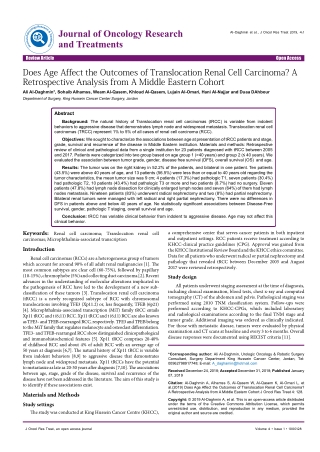 Does Age Affect the Outcomes of Translocation Renal Cell Carcinoma? A Retrospective Analysis from A Middle Eastern Cohor