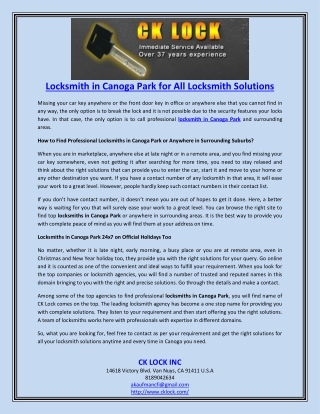 Locksmith in Canoga Park for All Locksmith Solutions