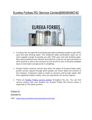 Eureka Forbes Water Purifier Customer Service
