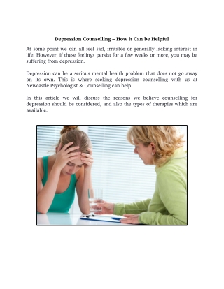 Depression Counselling Newcastle – How it Can be Helpful