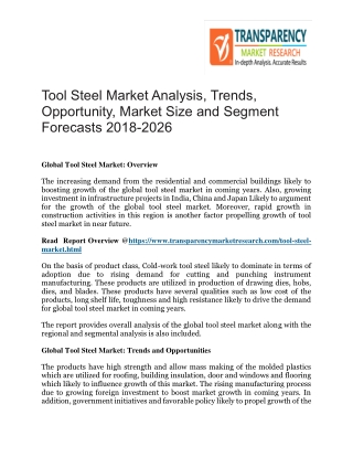 Tool Steel Market Analysis, Trends, Opportunity, Market Size and Segment Forecasts 2018-2026