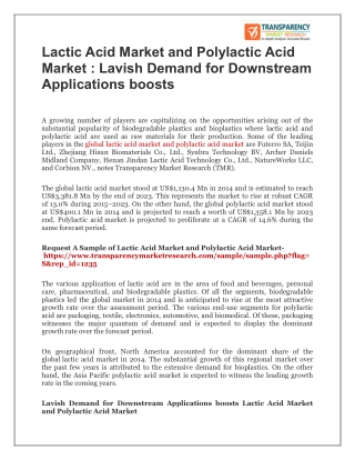 Lactic Acid Market and Polylactic Acid Market : Lavish Demand for Downstream Applications boosts