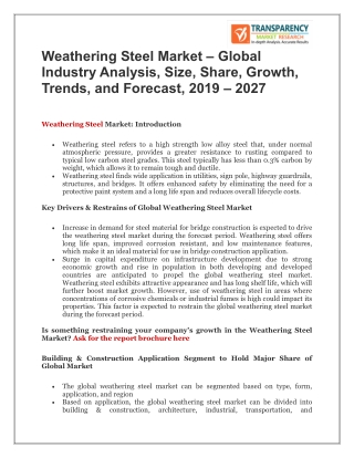 Weathering Steel Market – Global Industry Analysis, Size, Share, Growth, Trends, and Forecast, 2019 – 2027
