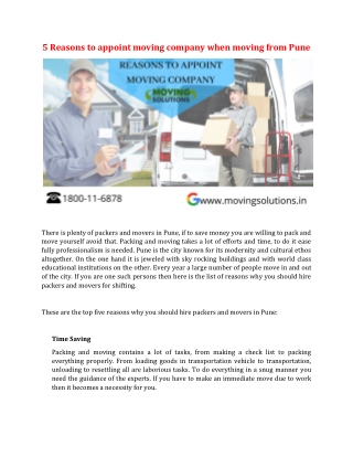 5 Reasons to appoint moving company when moving from Pune