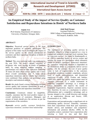 An Empirical Study of the impact of Service Quality on Customer Satisfaction and Repurchase Intentions in Hotels of Nort