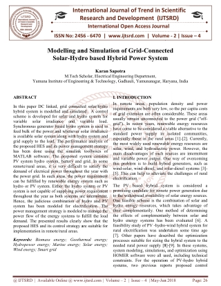 Modelling and Simulation of Grid Connected Solar Hydro based Hybrid Power System