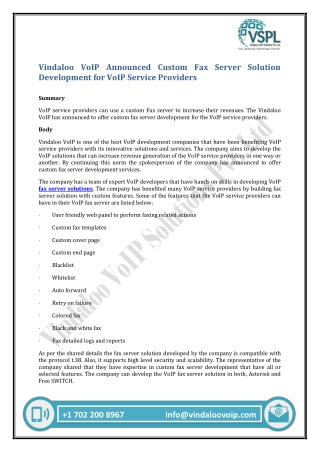 Vindaloo VoIP Announced Custom Fax Server Solution Development for VoIP Service Providers