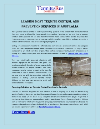 Leading Most Termite Control and Prevention Services in Australia