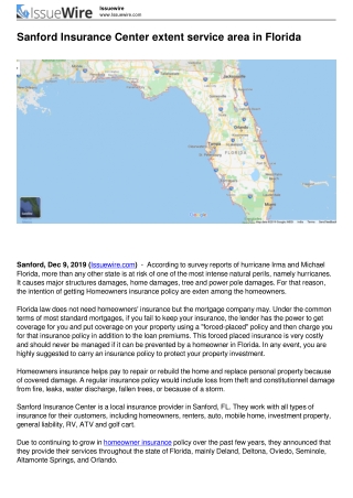 Sanford Insurance Center extent service area in Florida [Press Realese]