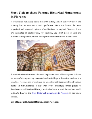 Must Visit to these Famous Historical Monuments in Florence
