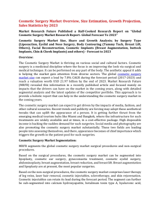 Cosmetic Surgery Market Overview, Size Estimation, Growth Projection, Sales Statistics by 2023